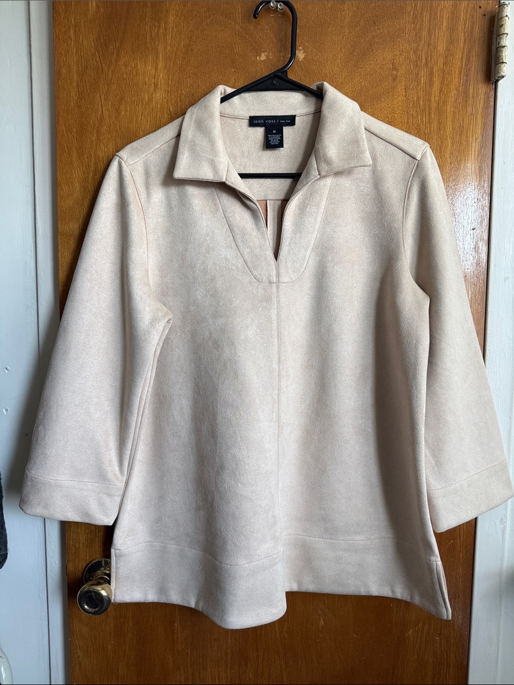 Joan Vass Cream Collared V-Neck Suede-Look Top
